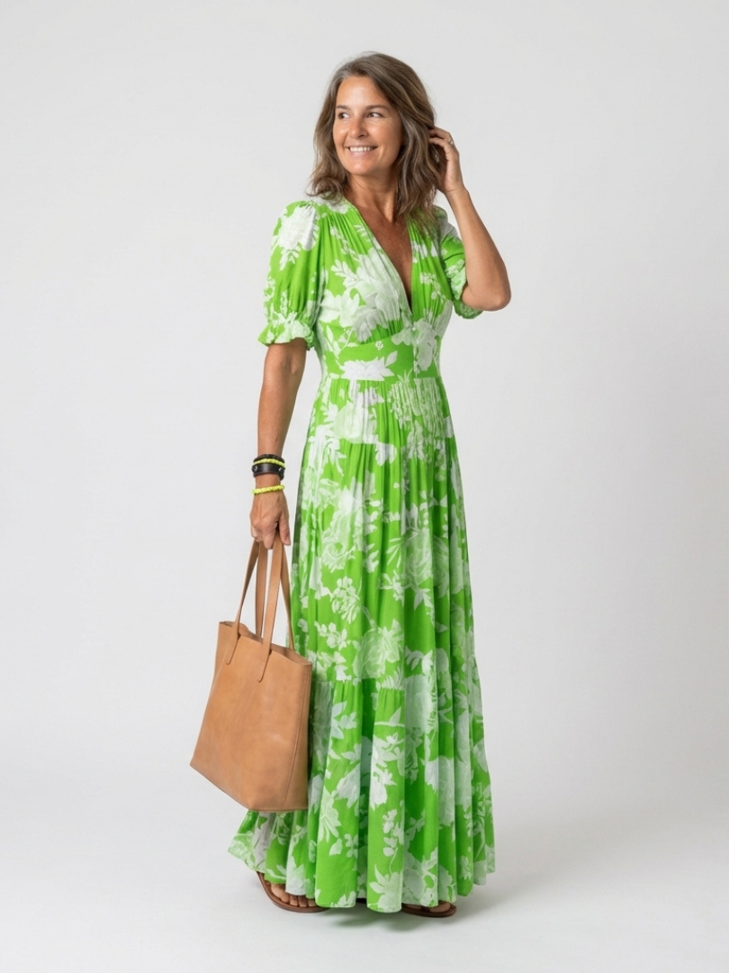Ione | Floral Midi Dress with Short Sleeves and V-Neck