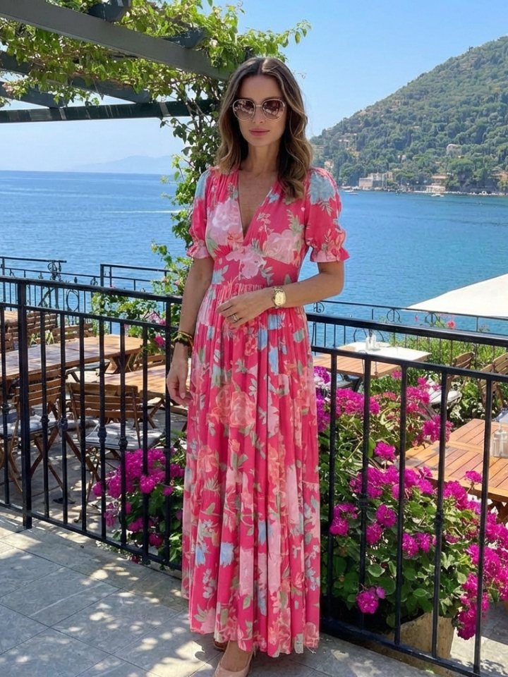 Ione | Floral Midi Dress with Short Sleeves and V-Neck