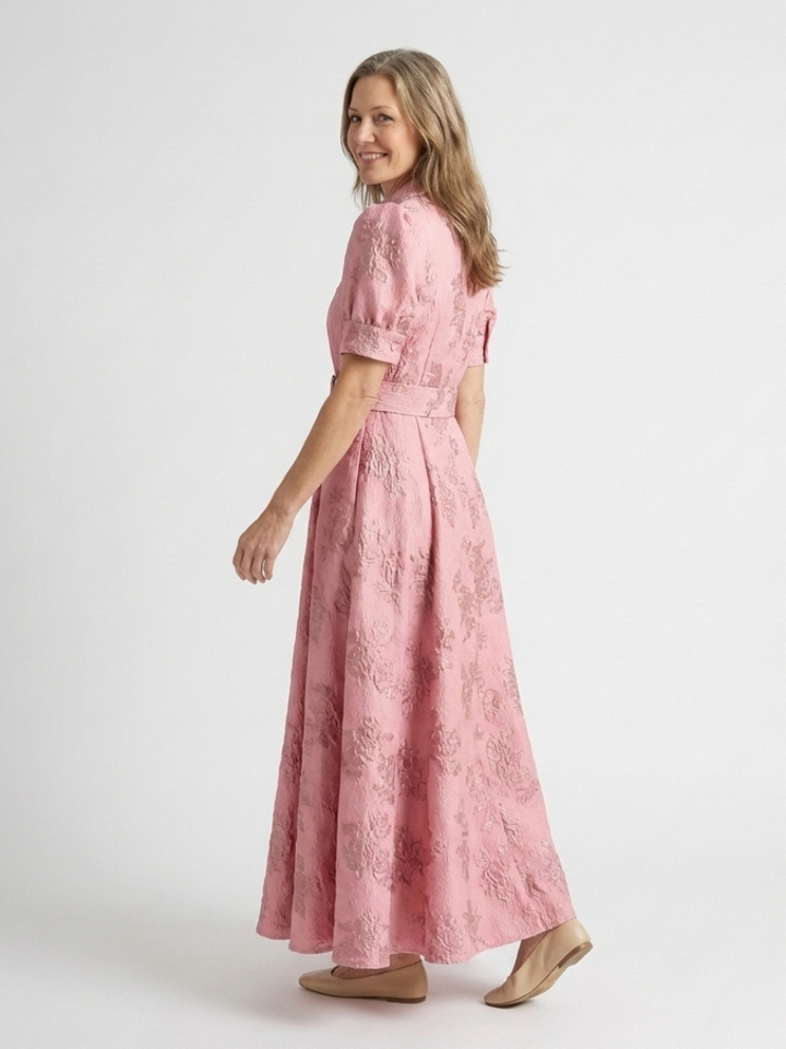 Xanthea | Floral Textured Maxi Shirt Dress with Short Sleeves and Belt