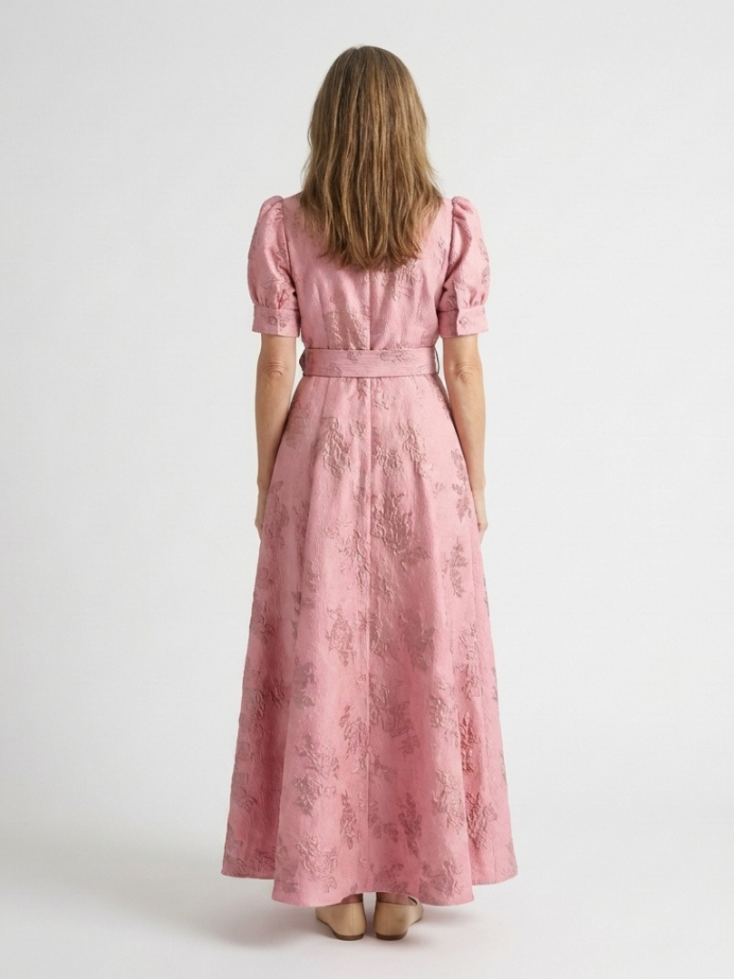 Xanthea | Floral Textured Maxi Shirt Dress with Short Sleeves and Belt