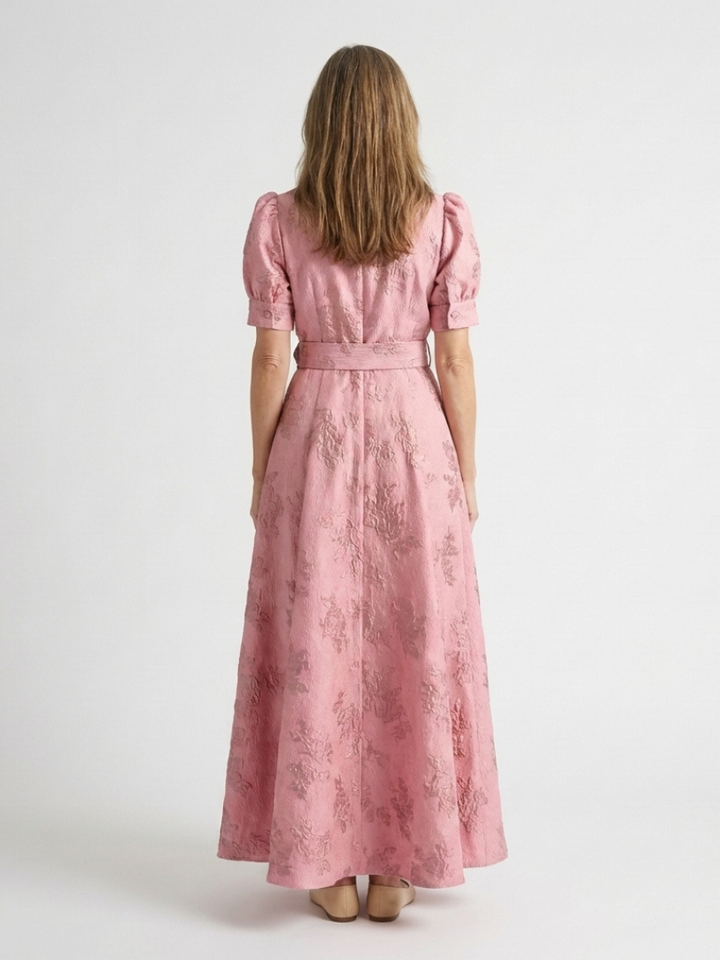 Xanthea | Floral Textured Maxi Shirt Dress with Short Sleeves and Belt