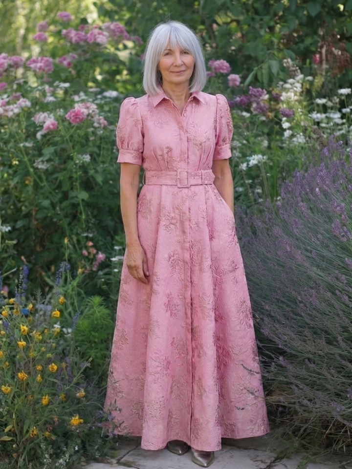 Xanthea | Floral Textured Maxi Shirt Dress with Short Sleeves and Belt
