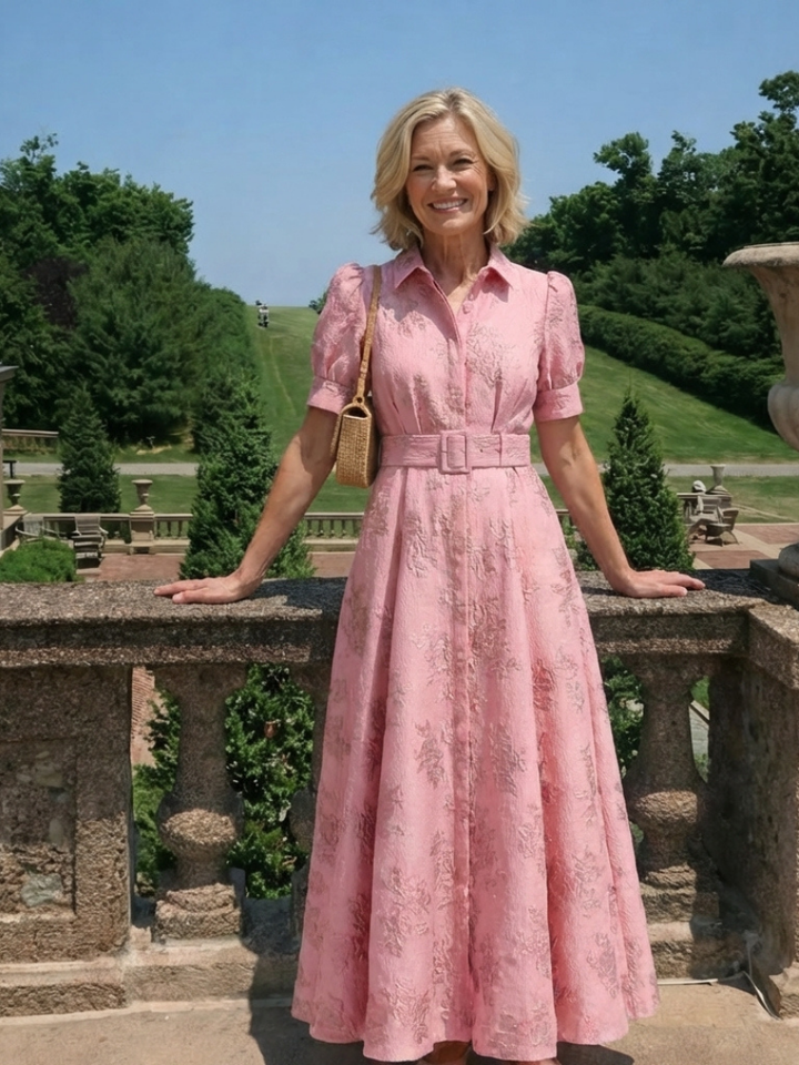 Xanthea | Floral Textured Maxi Shirt Dress with Short Sleeves and Belt
