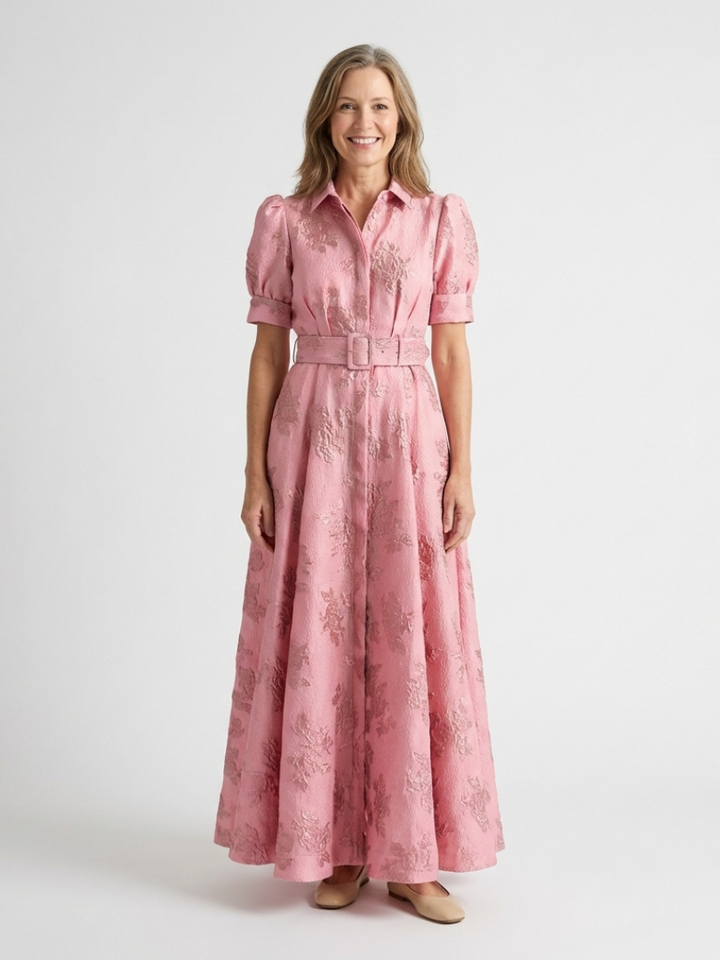 Xanthea | Floral Textured Maxi Shirt Dress with Short Sleeves and Belt