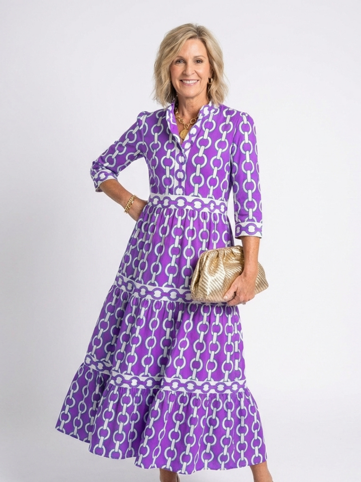 Ysolde | Midi Dress with Three-Quarter Sleeves and Chain Pattern