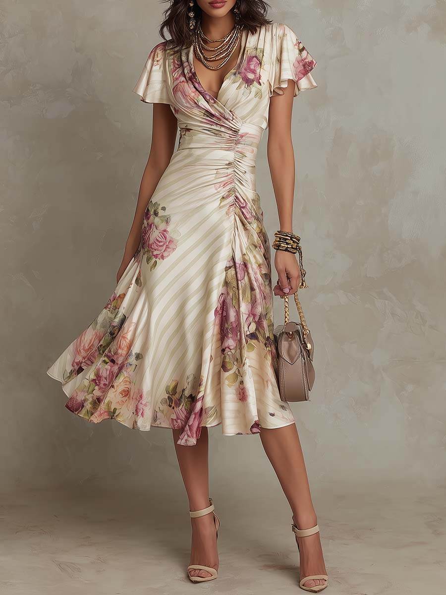 Alba Essential - Elegant Retro Floral Satin Midi Dress ✨