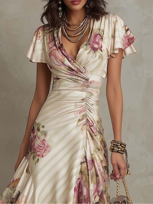 Alba Essential - Elegant Retro Floral Satin Midi Dress ✨