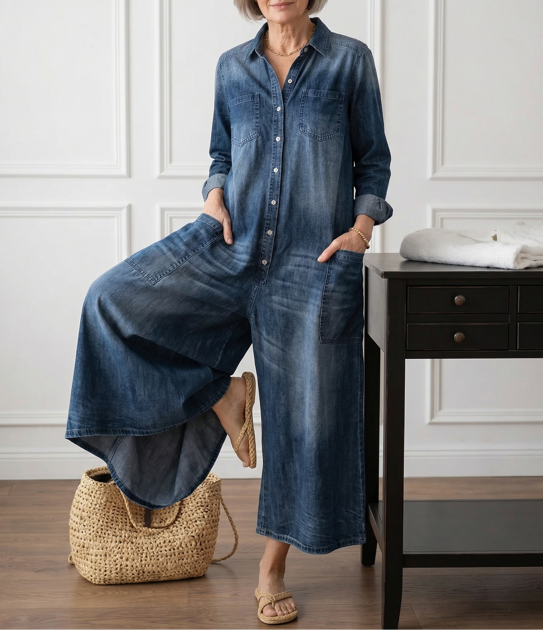 Diana | Soft Cotton Denim Jumpsuit with Vintage Wash and Button Closure