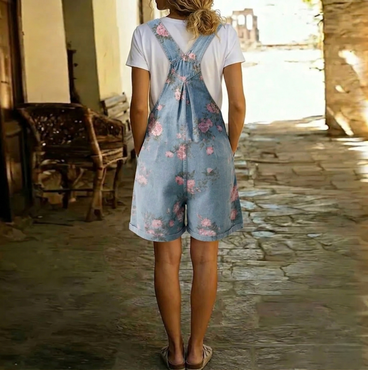 Judy | Soft Cotton-Blend Denim Floral Jumpsuit with Vintage Wash