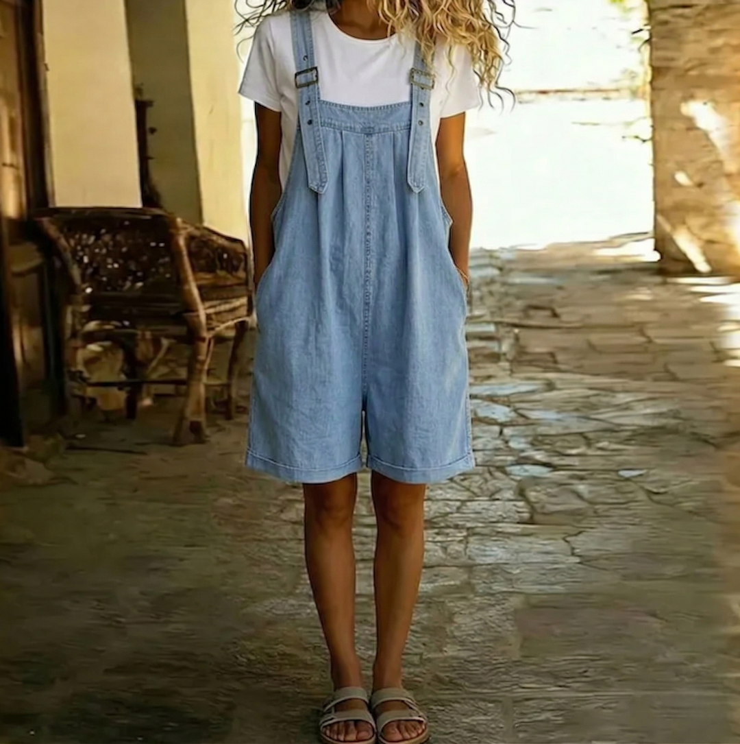 Clara | Light Blue Vintage Washed Denim Short Overalls with Soft Cotton Feel