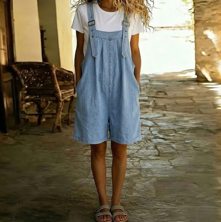 Clara | Light Blue Vintage Washed Denim Short Overalls with Soft Cotton Feel