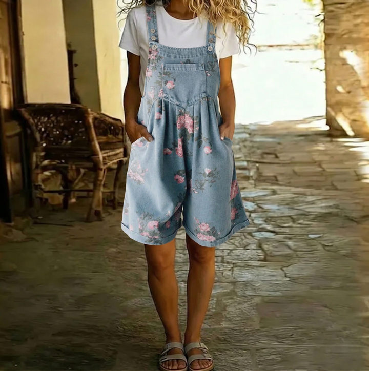 Judy | Soft Cotton-Blend Denim Floral Jumpsuit with Vintage Wash