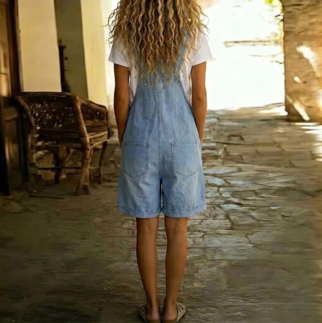 Clara | Light Blue Vintage Washed Denim Short Overalls with Soft Cotton Feel