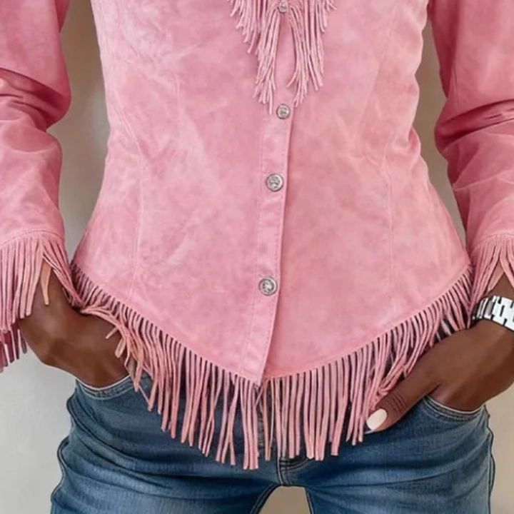 Kinsley │ Suede Button-Up Blouse with Fringe Detail