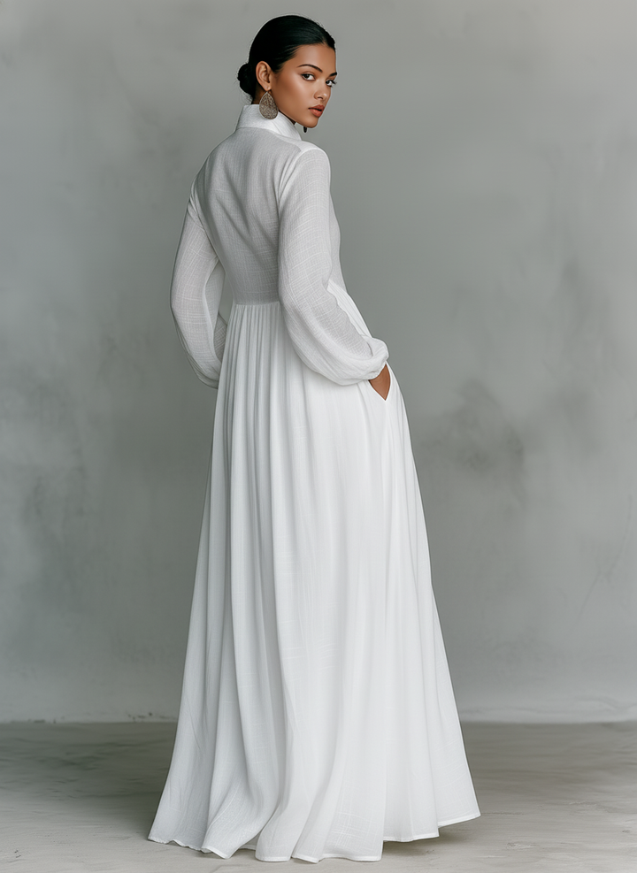 ESSENTIAL - Cotton & Linen Maxi Minimalist Dress with Patchwork, High Collar, and Long Sleeves
