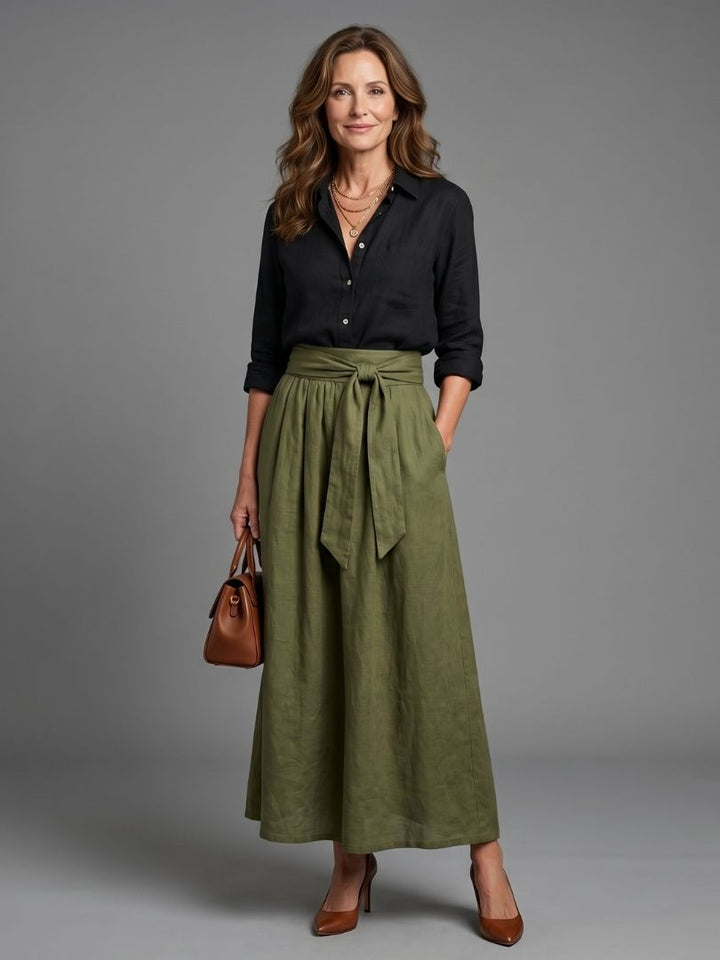 Vera | Black Blouse & Olive Green Midi Skirt Two-Piece Set