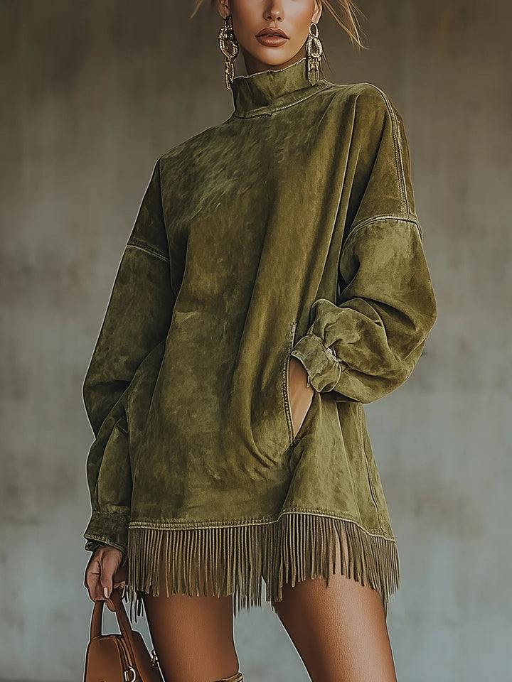 Amalia | Suede Fringe Dress with High Neckline
