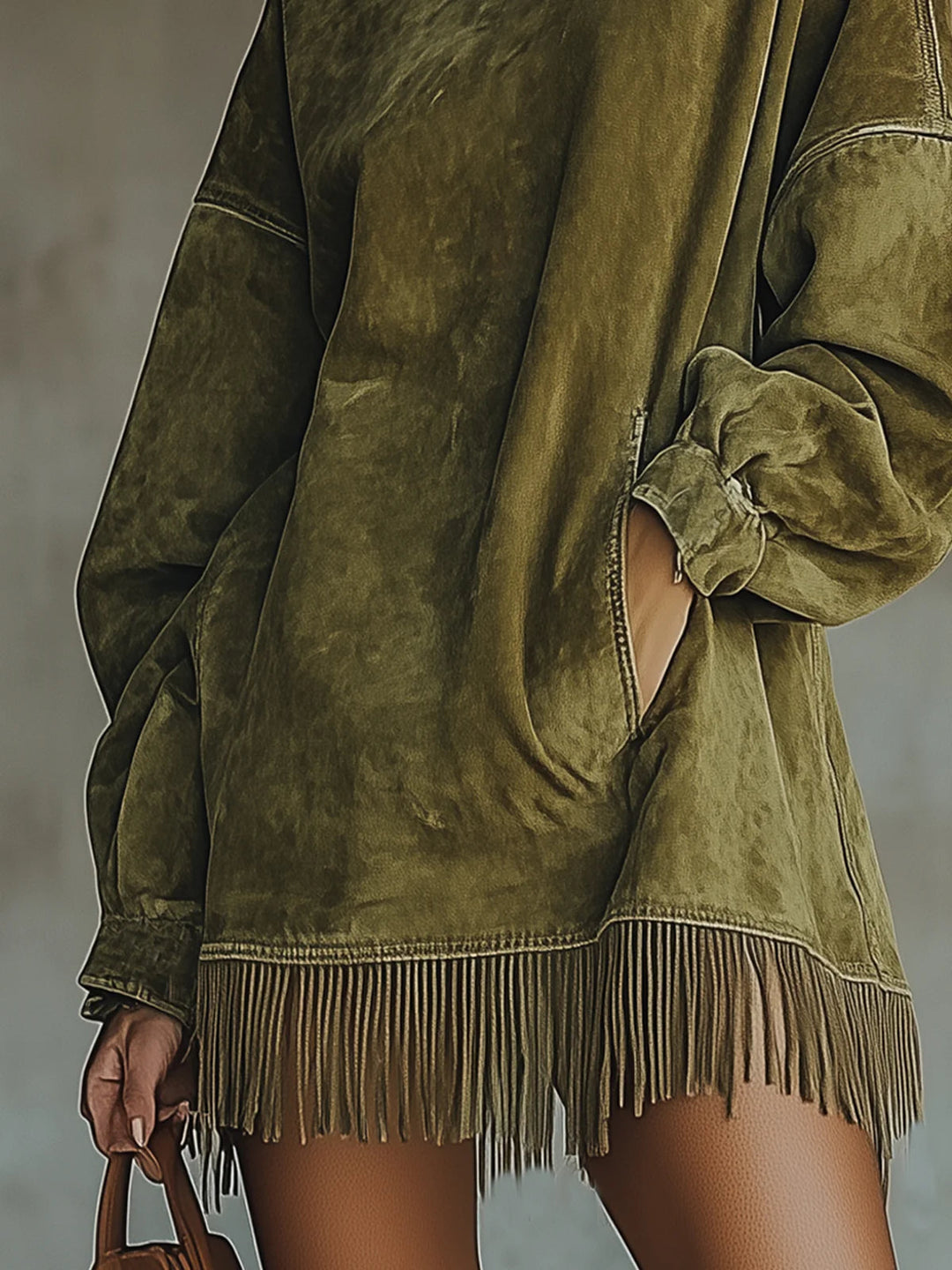 Amalia | Suede Fringe Dress with High Neckline
