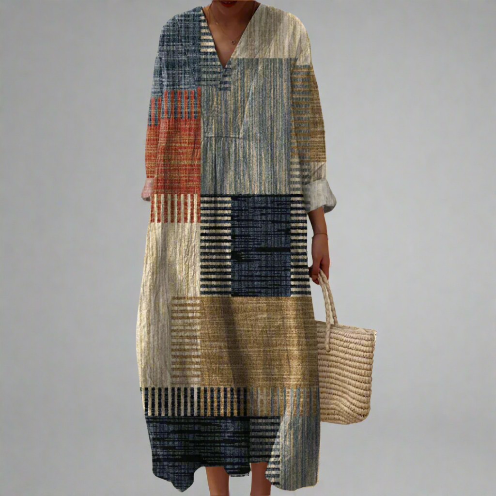 Harriet | Maxi dress in a casual patchwork style in earth tones
