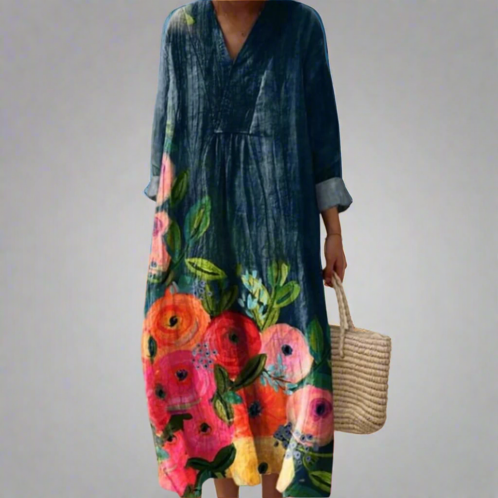 Poppy | Cotton Maxi Dress with Watercolor Floral Pattern