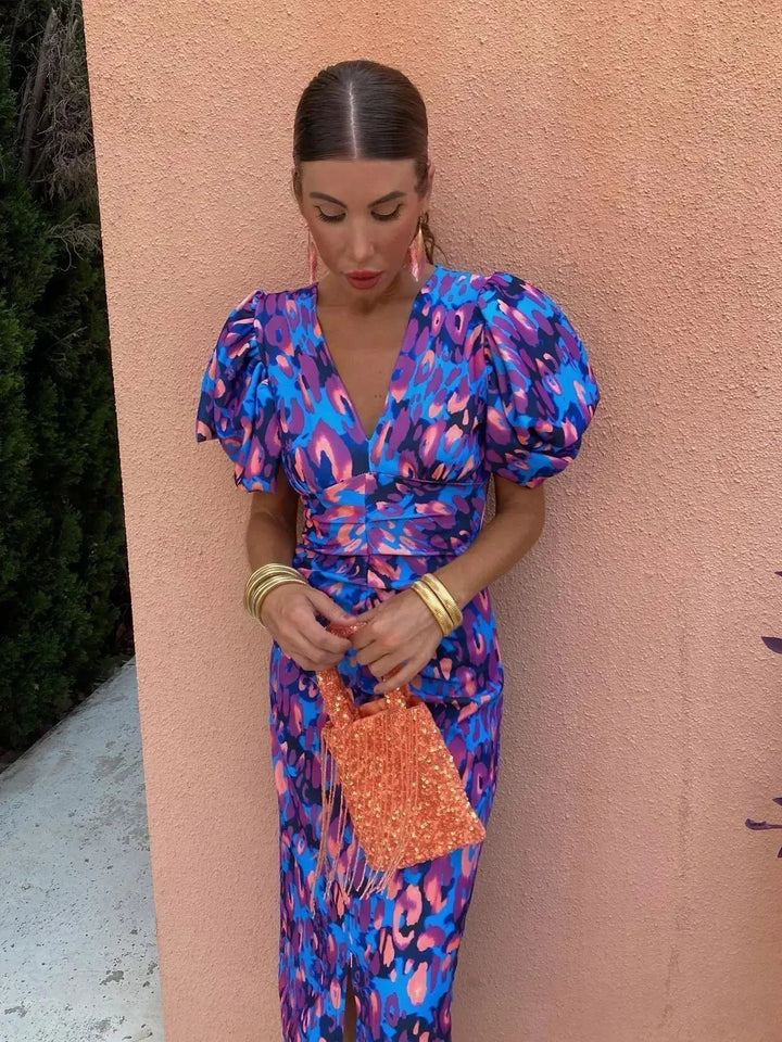 Aurora™ | Colorful Midi Dress Featuring Puff Sleeves
