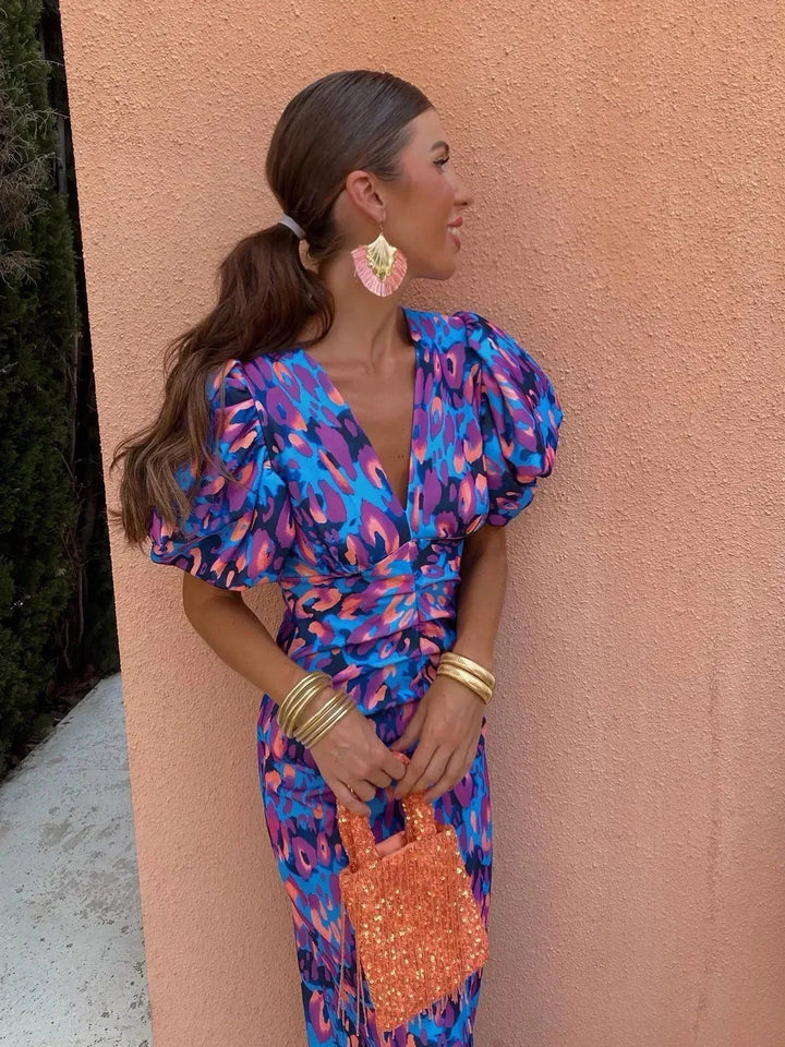 Aurora™ | Colorful Midi Dress Featuring Puff Sleeves