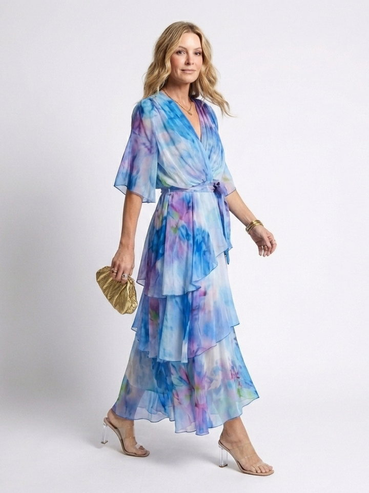 Calista | Sheer Layered V-Neck Maxi Dress with Tie Waist