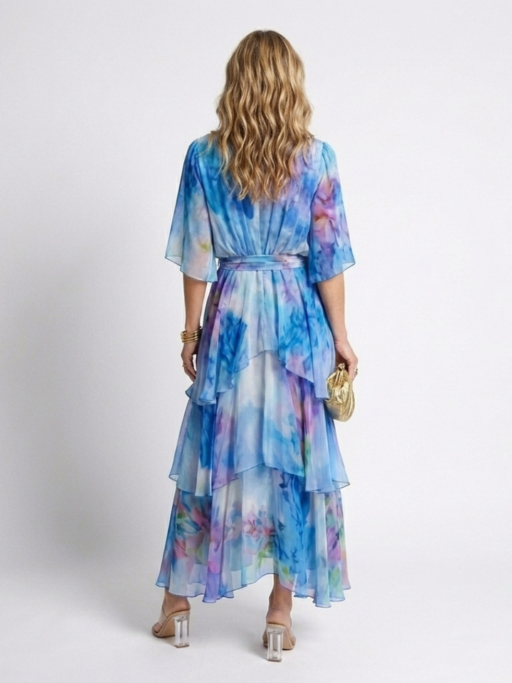Calista | Sheer Layered V-Neck Maxi Dress with Tie Waist