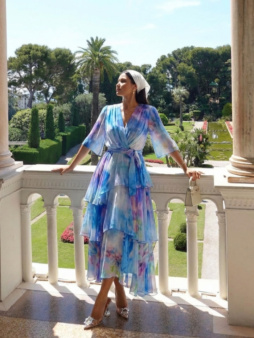 Calista | Sheer Layered V-Neck Maxi Dress with Tie Waist