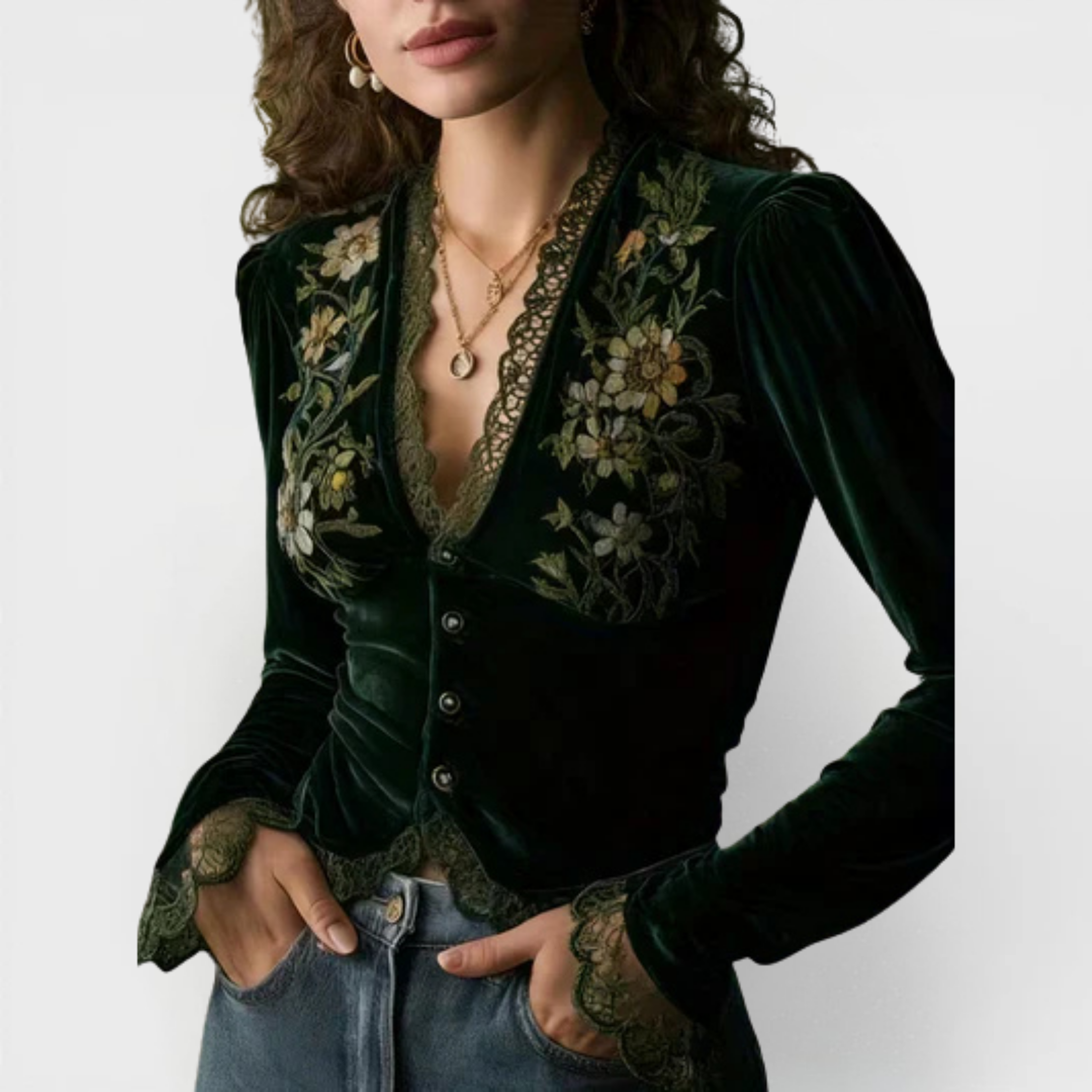 Nora | Embroidered Floral Velvet Blouse with Long Sleeves