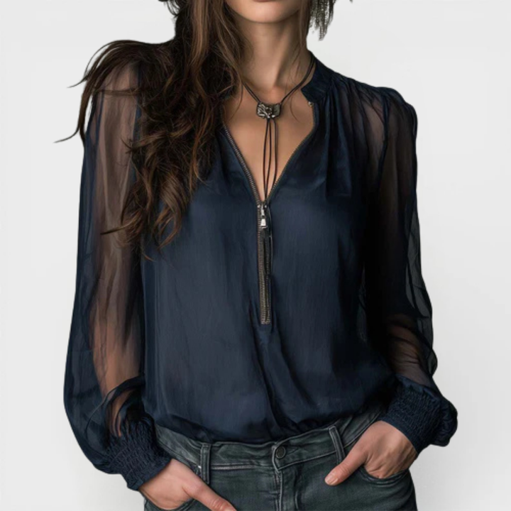 Helen | Long Sleeve Knit Blouse with Half-Zip