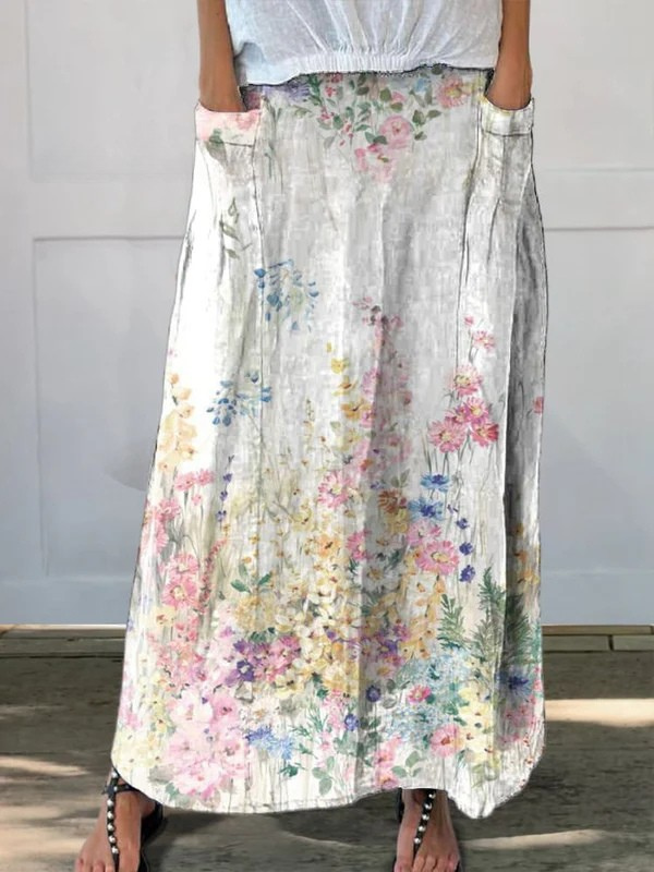 Women's Vintage Floral Print Linen Skirt with Elastic Waistband and Pockets