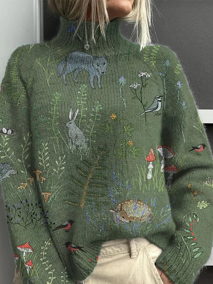 Knitted Turtleneck Pullover Sweater with Woodland Animal Print
