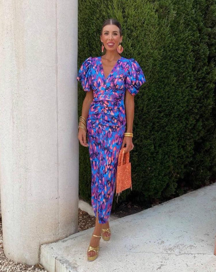 Aurora™ | Colorful Midi Dress Featuring Puff Sleeves