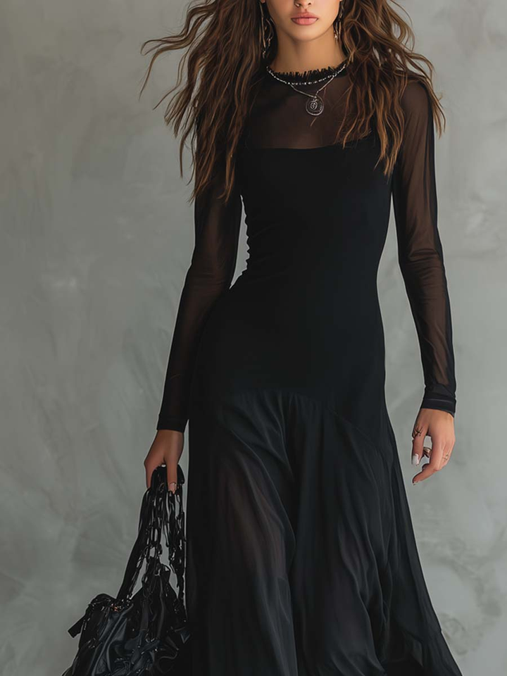 Flowy Black Tulle Maxi Dress with Relaxed Fit
