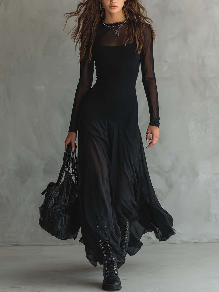 Flowy Black Tulle Maxi Dress with Relaxed Fit