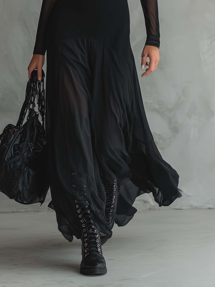 Flowy Black Tulle Maxi Dress with Relaxed Fit