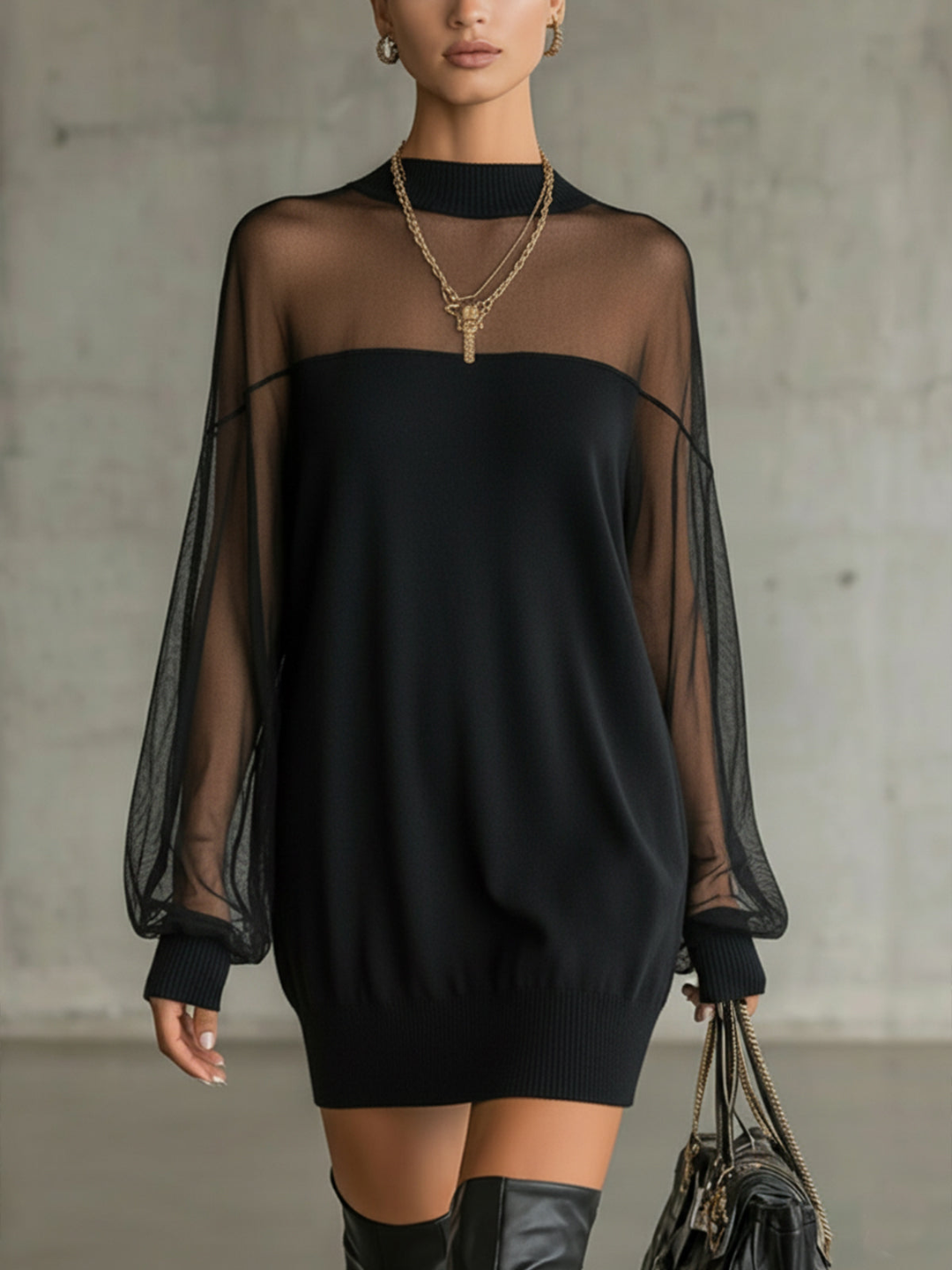 Amélie™ | Chic Black Mini Dress Featuring Sheer Mesh Sleeves