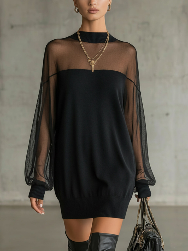 Amélie™ | Chic Black Mini Dress Featuring Sheer Mesh Sleeves