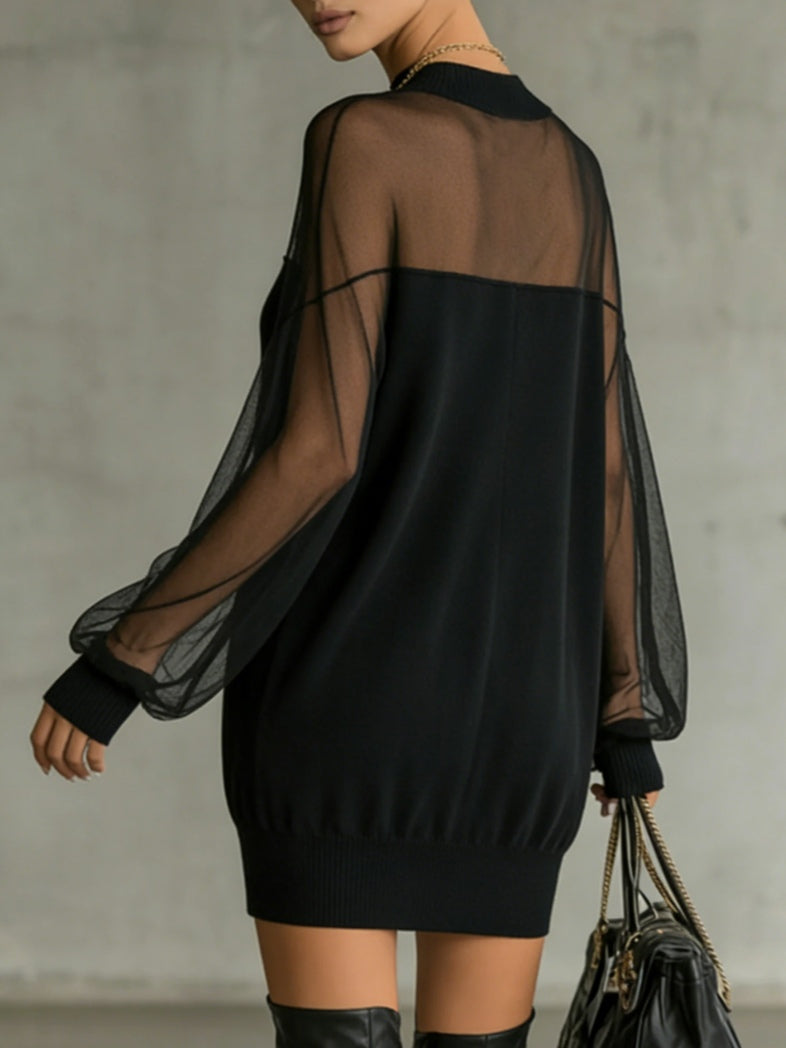 Amélie™ | Chic Black Mini Dress Featuring Sheer Mesh Sleeves