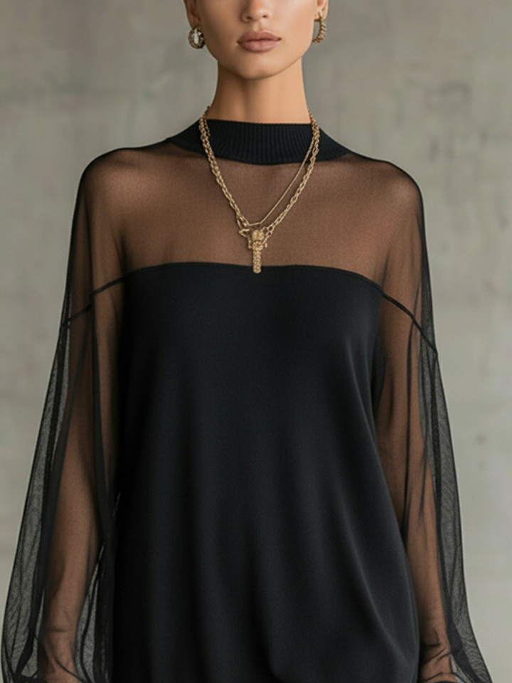 Amélie™ | Chic Black Mini Dress Featuring Sheer Mesh Sleeves