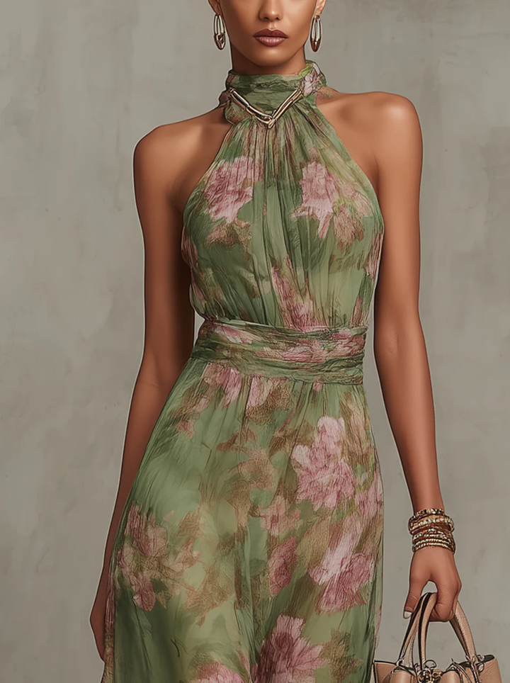 ESSENTIAL - Serena ∙ Green Floral Halter Neck Maxi Dress in Chiffon