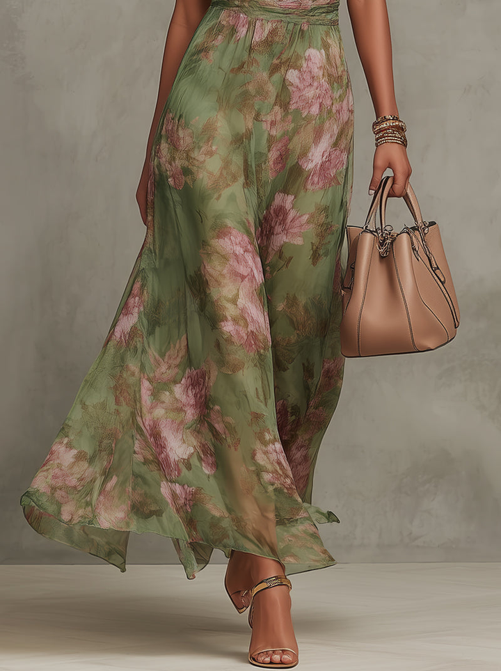 ESSENTIAL - Serena ∙ Green Floral Halter Neck Maxi Dress in Chiffon