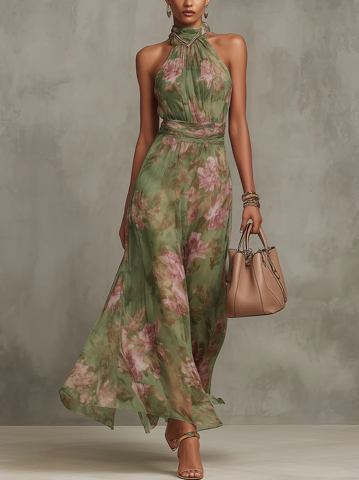 ESSENTIAL - Serena ∙ Green Floral Halter Neck Maxi Dress in Chiffon