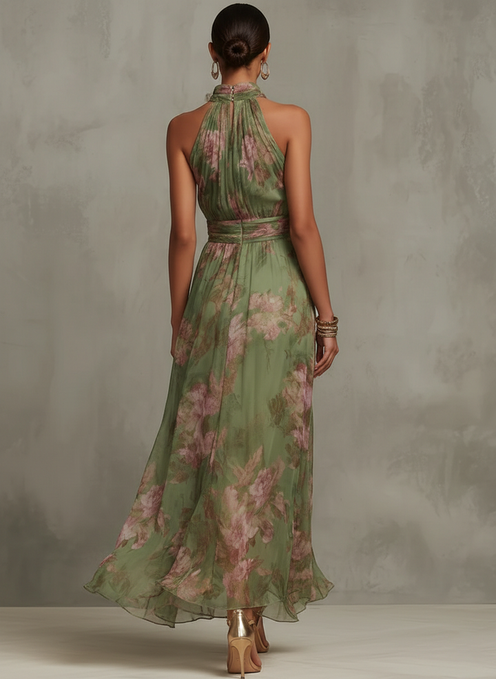 ESSENTIAL - Serena ∙ Green Floral Halter Neck Maxi Dress in Chiffon