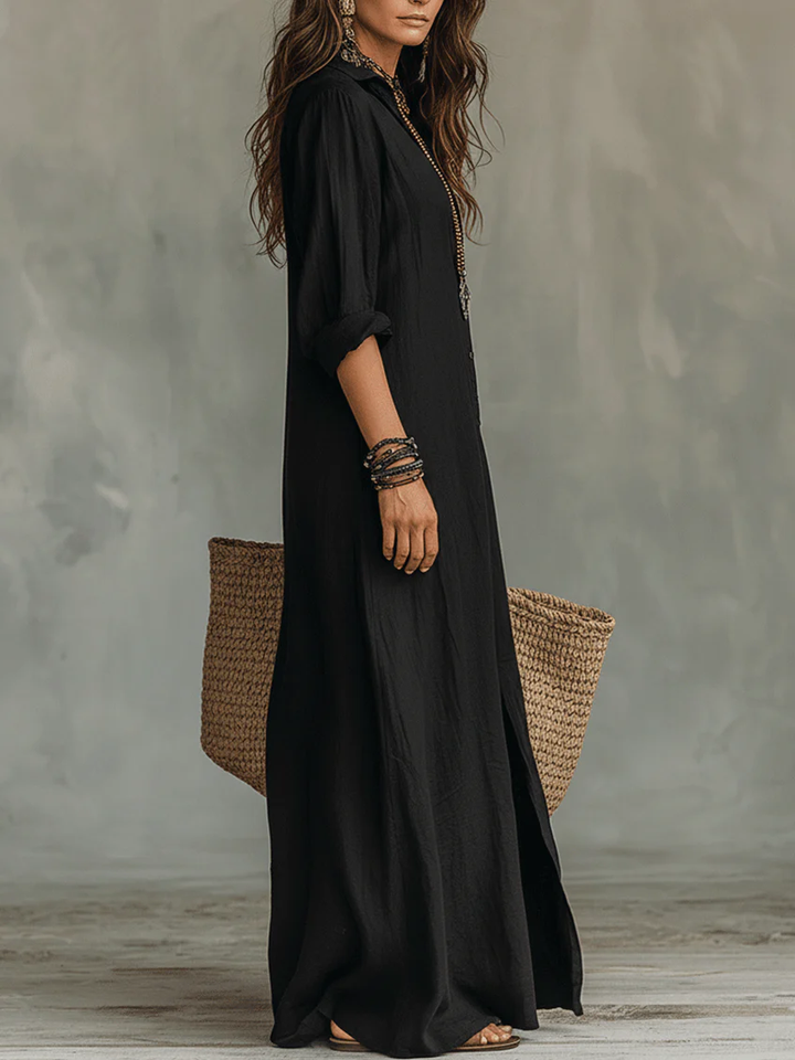 Soline™ | Black Maxi Dress with Button Details