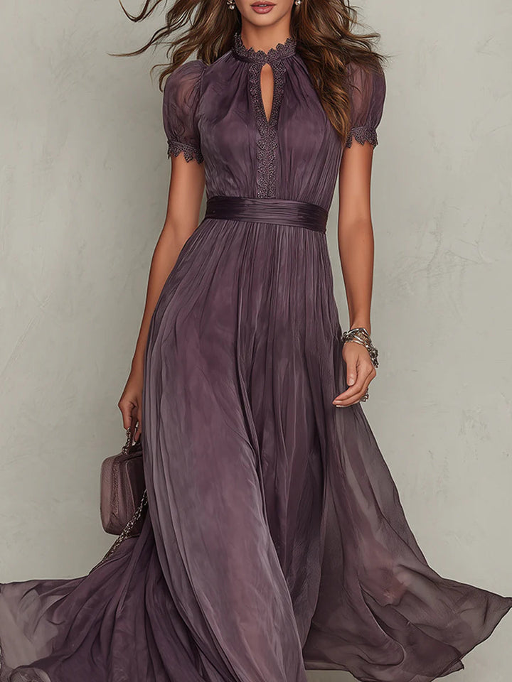 Flavia Essential Long Purple Dress with Keyhole Neckline and Chiffon Lace Trim