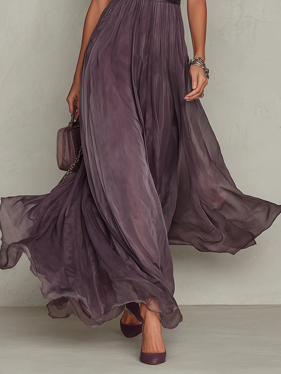 Flavia Essential Long Purple Dress with Keyhole Neckline and Chiffon Lace Trim