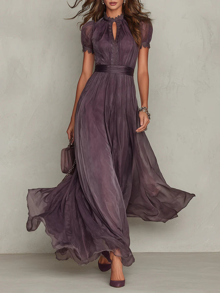 Flavia Essential Long Purple Dress with Keyhole Neckline and Chiffon Lace Trim