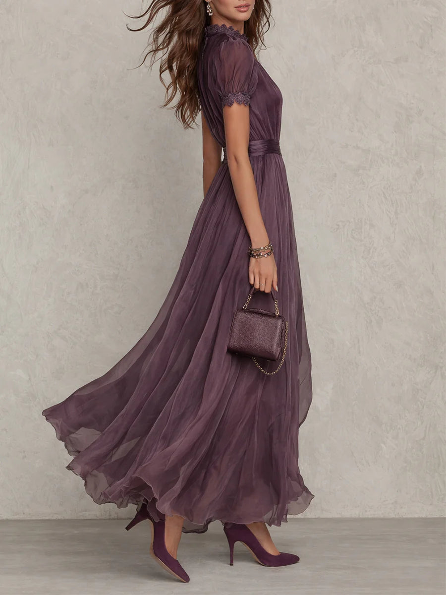Flavia Essential Long Purple Dress with Keyhole Neckline and Chiffon Lace Trim